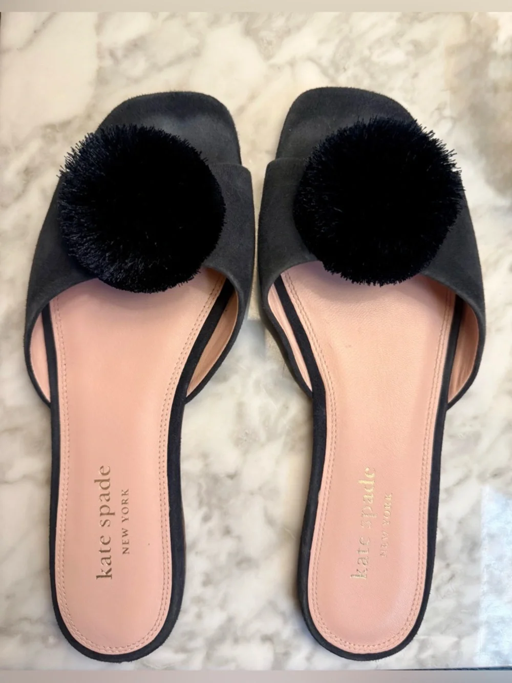 Kate Spade Navy Amour Pom Pom Slide Sandals Suede Flat Slip-On. Size 9.5 - Picture 6 of 10